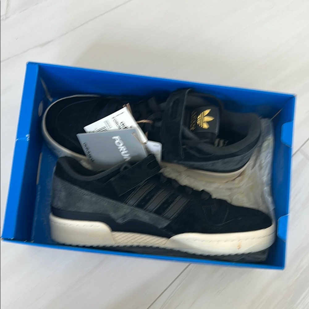 Adidas Black  suede Sneakers with gold “adidas” white cream sole